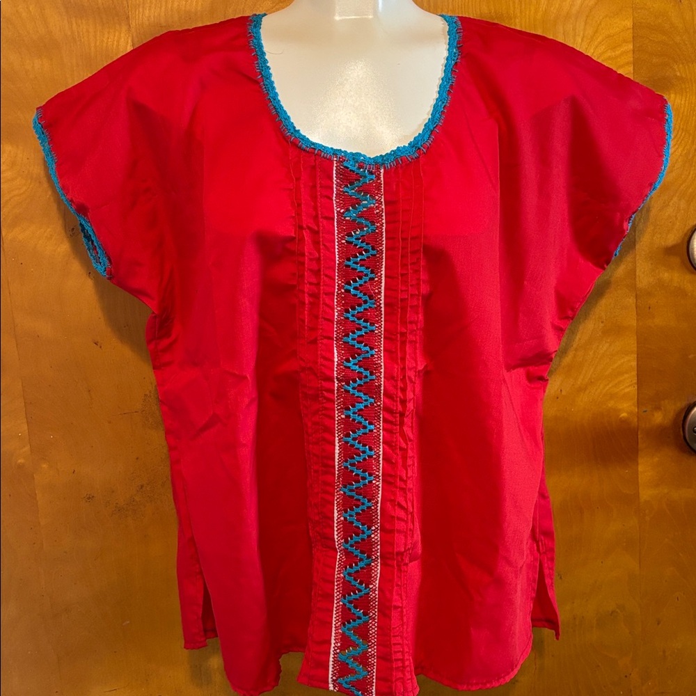Hand Crafted Red Blouse with Blue Accents